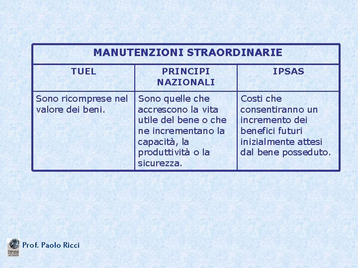 MANUTENZIONI STRAORDINARIE TUEL Sono ricomprese nel valore dei beni. Prof. Paolo Ricci PRINCIPI NAZIONALI