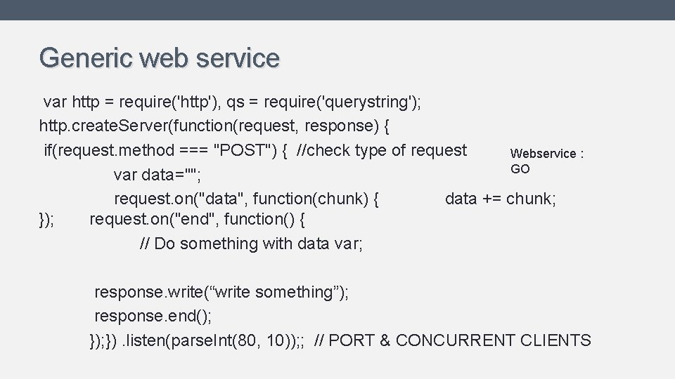 Generic web service var http = require('http'), qs = require('querystring'); http. create. Server(function(request, response) Generic web service var http = require('http'), qs = require('querystring'); http. create. Server(function(request, response)