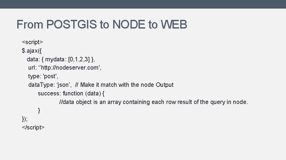 From POSTGIS to NODE to WEB <script> $. ajax({ data: { mydata: [0, 1, From POSTGIS to NODE to WEB <script> $. ajax({ data: { mydata: [0, 1,