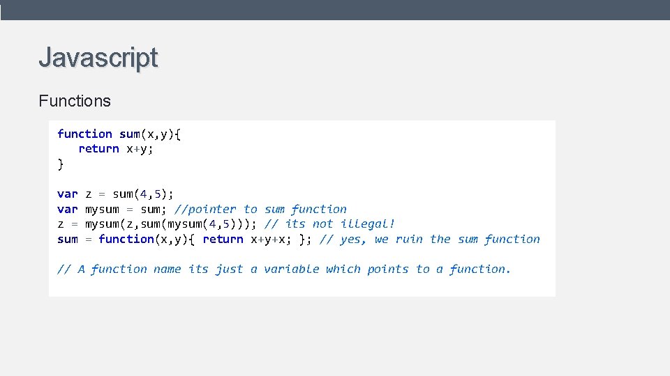 Javascript Functions function sum(x, y){ return x+y; } var z = sum(4, 5); mysum Javascript Functions function sum(x, y){ return x+y; } var z = sum(4, 5); mysum