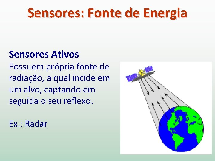 Sensores: Fonte de Energia Sensores Ativos Possuem própria fonte de radiação, a qual incide