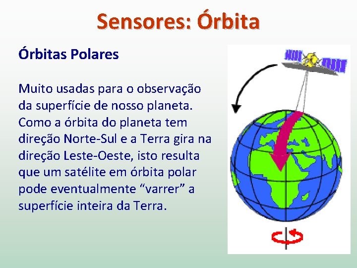 Sensores: Órbitas Polares Muito usadas para o observação da superfície de nosso planeta. Como