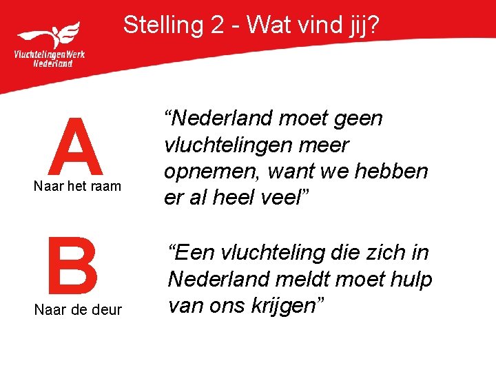 Stelling 2 - Wat vind jij? A B Naar het raam Naar de deur