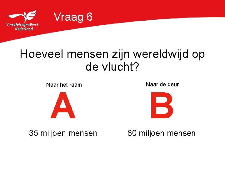 Vraag 6 Hoeveel mensen zijn wereldwijd op de vlucht? Naar het raam Naar de