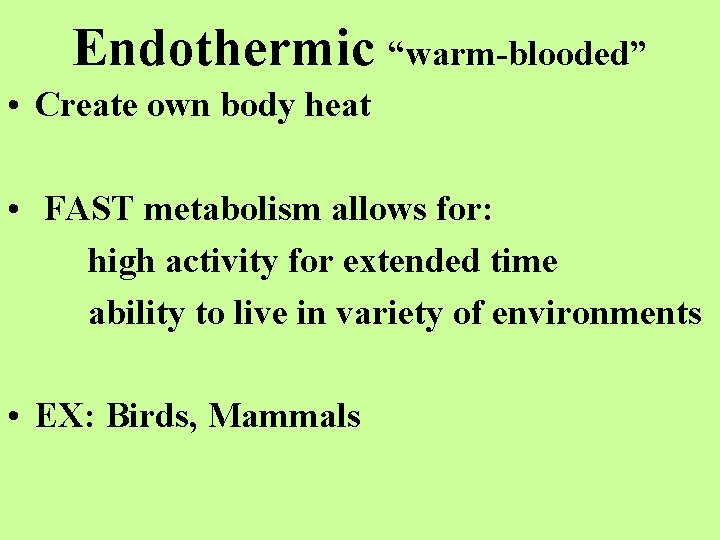 Endothermic “warm-blooded” • Create own body heat • FAST metabolism allows for: high activity