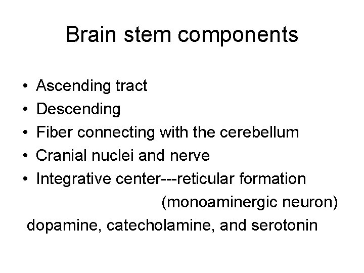 Brain stem components • • • Ascending tract Descending Fiber connecting with the cerebellum