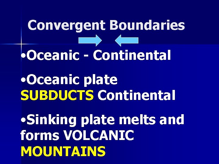Convergent Boundaries • Oceanic - Continental • Oceanic plate SUBDUCTS Continental • Sinking plate