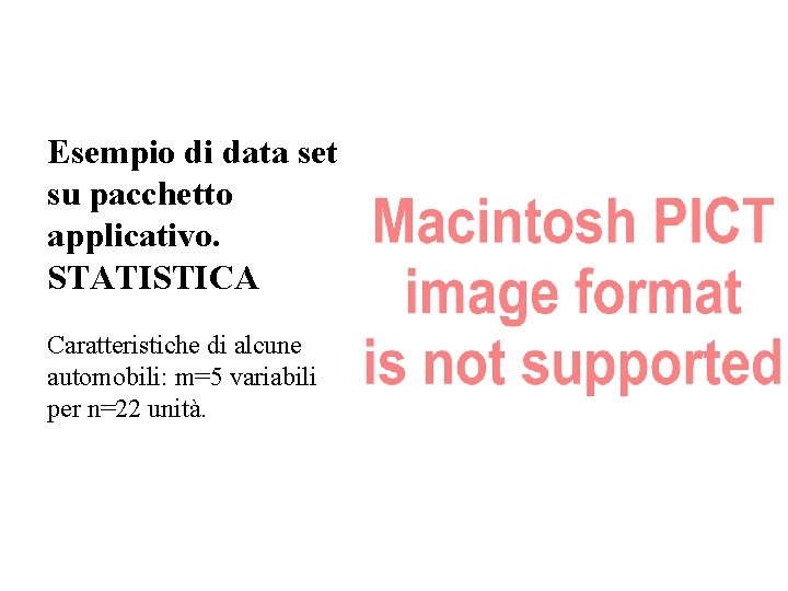 Esempio di data set su pacchetto applicativo. STATISTICA Caratteristiche di alcune automobili: m=5 variabili