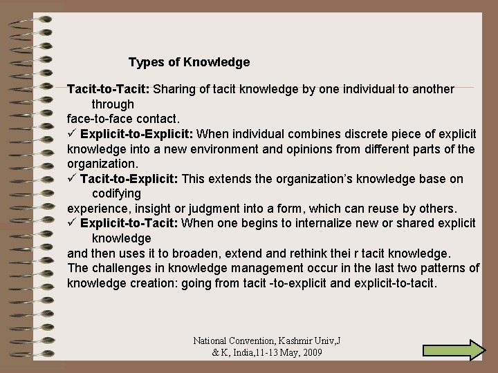Types of Knowledge Tacit-to-Tacit: Sharing of tacit knowledge by one individual to another through