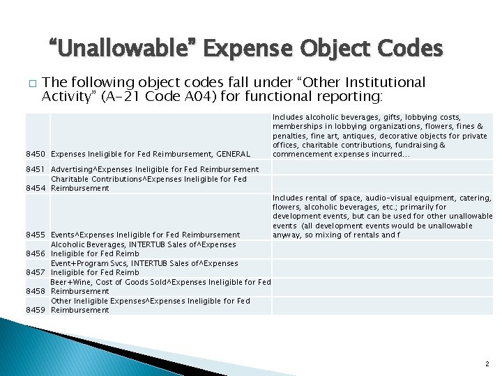 “Unallowable” Expense Object Codes � The following object codes fall under “Other Institutional Activity”