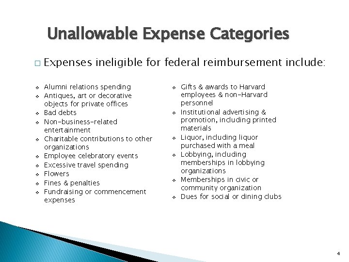 Unallowable Expense Categories � v v v v v Expenses ineligible for federal reimbursement