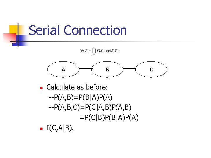 Serial Connection A n n B Calculate as before: --P(A, B)=P(B|A)P(A) --P(A, B, C)=P(C|A,
