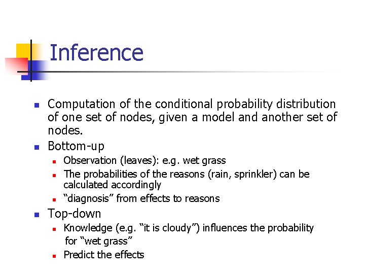 Inference n n Computation of the conditional probability distribution of one set of nodes,