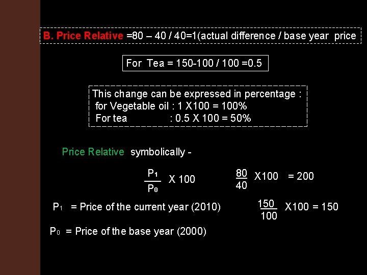 B. Price Relative =80 – 40 / 40=1(actual difference / base year price For