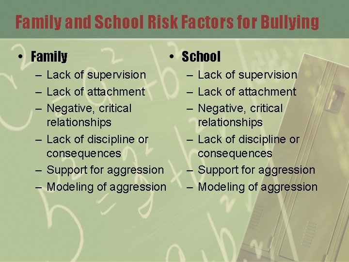 Family and School Risk Factors for Bullying • Family – Lack of supervision –
