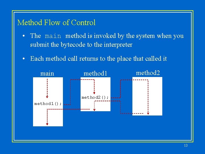 Method Flow of Control • The main method is invoked by the system when Method Flow of Control • The main method is invoked by the system when