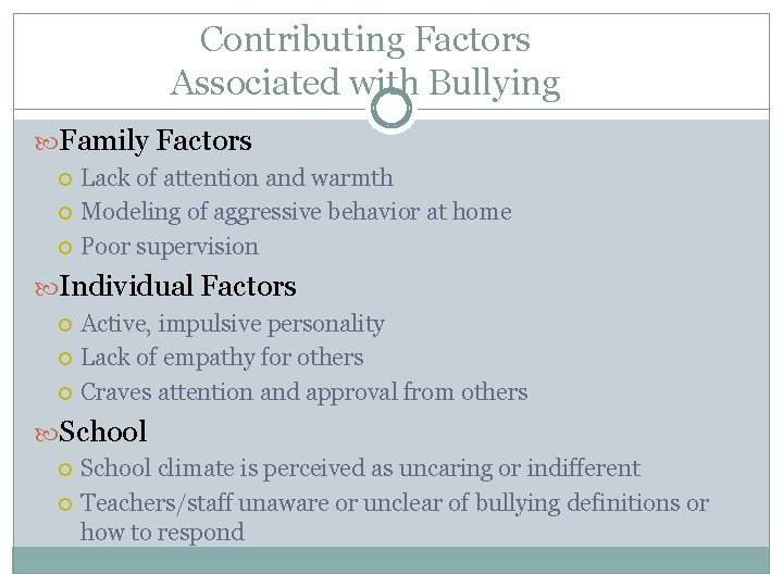 Contributing Factors Associated with Bullying Family Factors Lack of attention and warmth Modeling of