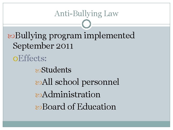 Anti-Bullying Law Bullying program implemented September 2011 Effects: Students All school personnel Administration Board