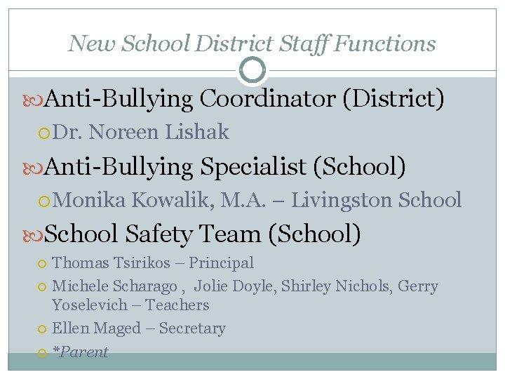 New School District Staff Functions Anti-Bullying Coordinator (District) Dr. Noreen Lishak Anti-Bullying Specialist (School)