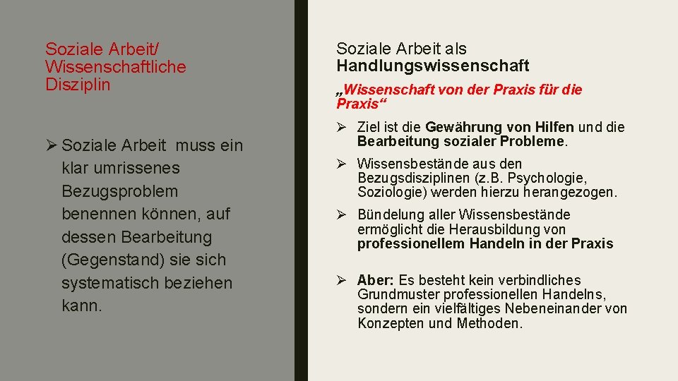 Soziale Arbeit/ Wissenschaftliche Disziplin Ø Soziale Arbeit muss ein klar umrissenes Bezugsproblem benennen können,