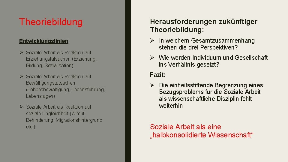 Theoriebildung Herausforderungen zukünftiger Theoriebildung: Entwicklungslinien Ø In welchem Gesamtzusammenhang stehen die drei Perspektiven? Ø