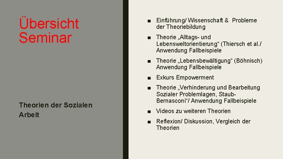 Übersicht Seminar ■ Einführung/ Wissenschaft & Probleme der Theoriebildung ■ Theorie „Alltags- und Lebensweltorientierung“