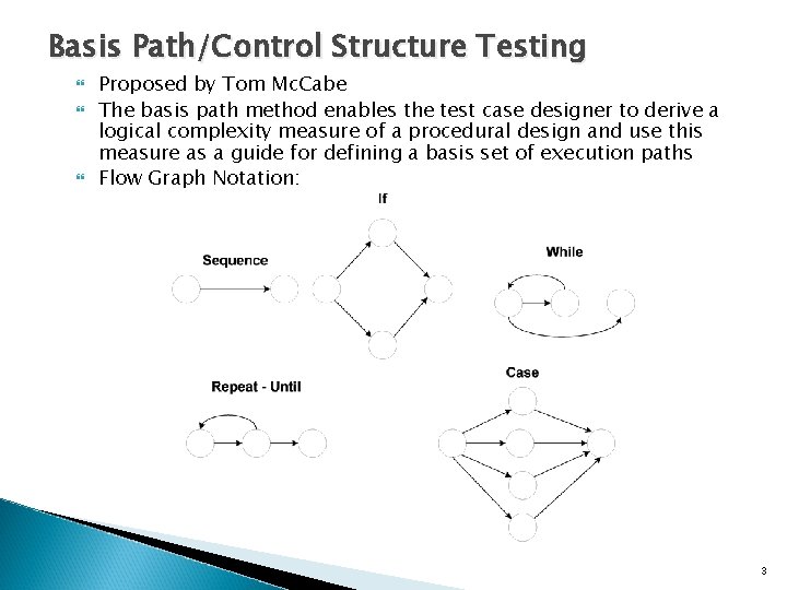 Basis Path/Control Structure Testing Proposed by Tom Mc. Cabe The basis path method enables