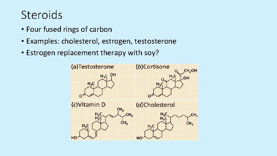 Steroids • Four fused rings of carbon • Examples: cholesterol, estrogen, testosterone • Estrogen Steroids • Four fused rings of carbon • Examples: cholesterol, estrogen, testosterone • Estrogen