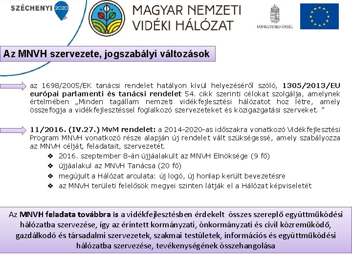 Az MNVH szervezete, jogszabályi változások az 1698/2005/EK tanácsi rendelet hatályon kívül helyezéséről szóló, 1305/2013/EU