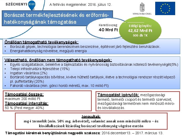 A felhívás megjelenése: 2016. július 12. Borászat termékfejlesztésének és erőforráshatékonyságának támogatása Keretösszeg: 40 Mrd