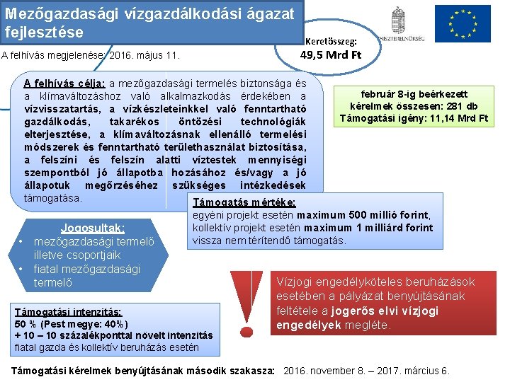 Mezőgazdasági vízgazdálkodási ágazat fejlesztése Keretösszeg: 49, 5 Mrd Ft A felhívás megjelenése: 2016. május