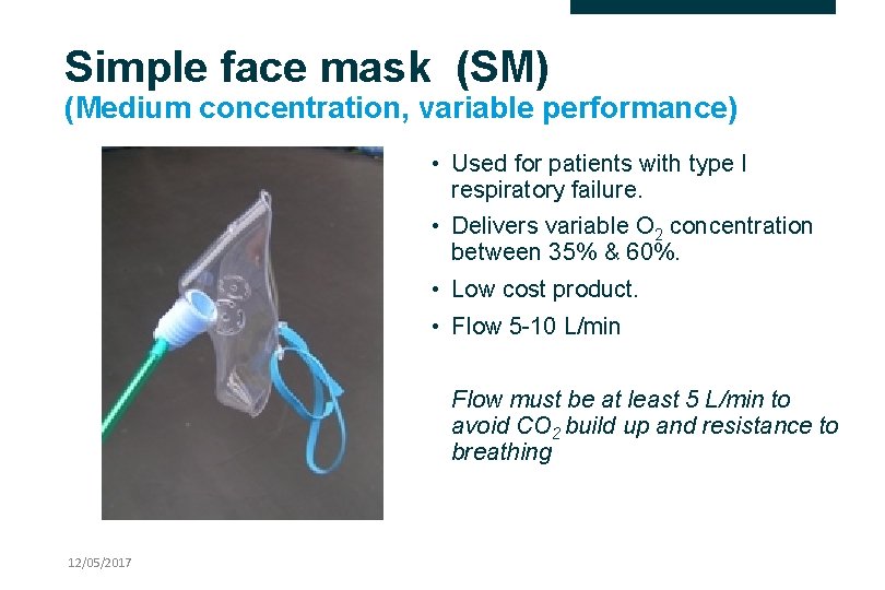 Simple face mask (SM) (Medium concentration, variable performance) • Used for patients with type