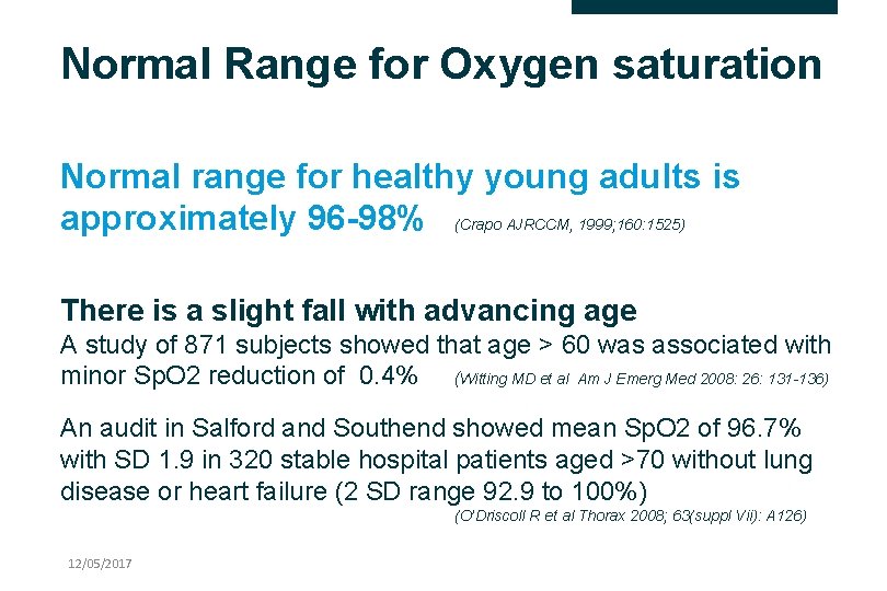Normal Range for Oxygen saturation Normal range for healthy young adults is approximately 96