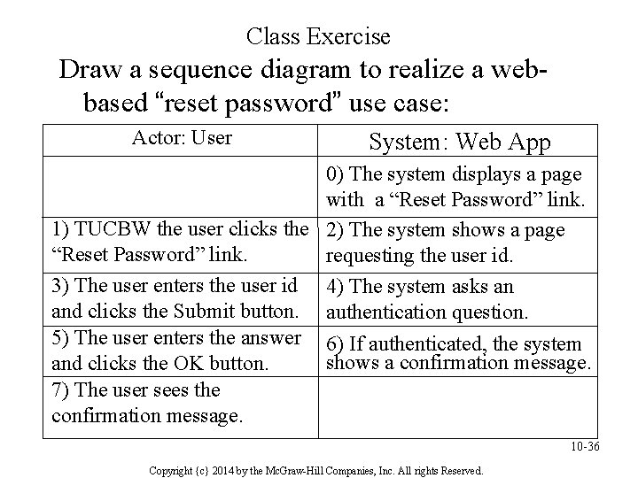 Class Exercise Draw a sequence diagram to realize a webbased “reset password” use case: