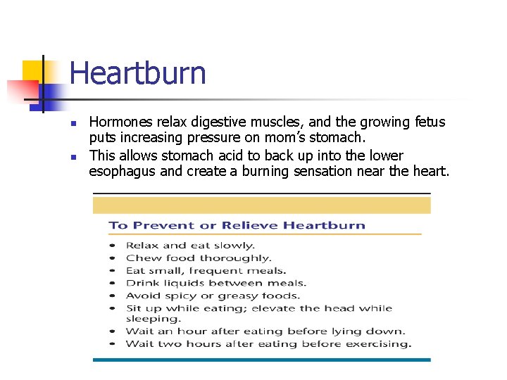 Heartburn n n Hormones relax digestive muscles, and the growing fetus puts increasing pressure