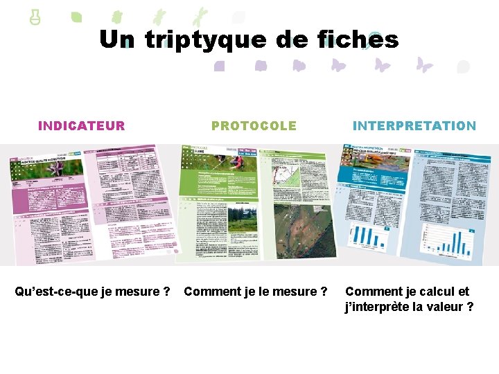 Un triptyque de fiches INDICATEUR Qu’est-ce-que je mesure ? PROTOCOLE Comment je le mesure