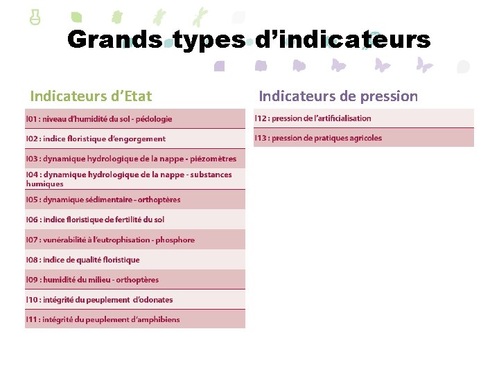 Grands types d’indicateurs Indicateurs d’Etat Indicateurs de pression 