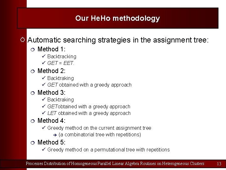 Our He. Ho methodology R Automatic searching strategies in the assignment tree: ¦ Method