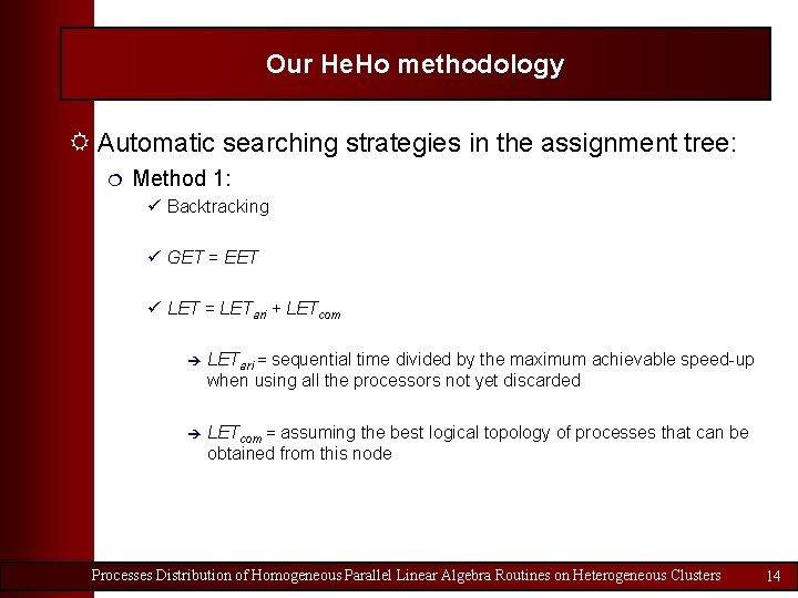 Our He. Ho methodology R Automatic searching strategies in the assignment tree: ¦ Method