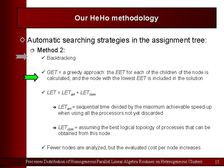 Our He. Ho methodology R Automatic searching strategies in the assignment tree: ¦ Method
