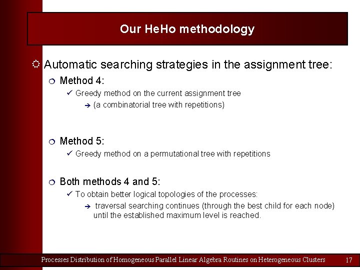 Our He. Ho methodology R Automatic searching strategies in the assignment tree: ¦ Method