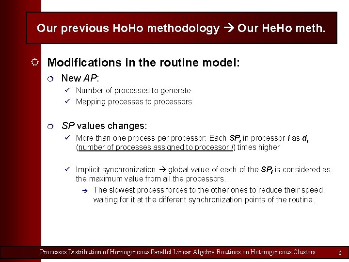 Our previous Ho. Ho methodology Our He. Ho meth. R Modifications in the routine