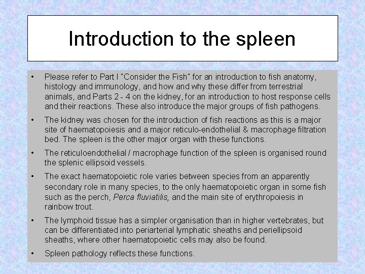 Introduction to the spleen • Please refer to Part I “Consider the Fish” for