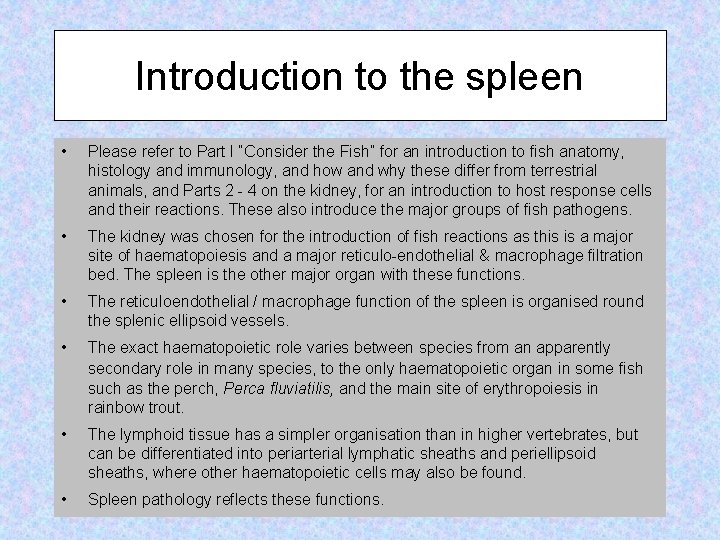 Introduction to the spleen • Please refer to Part I “Consider the Fish” for