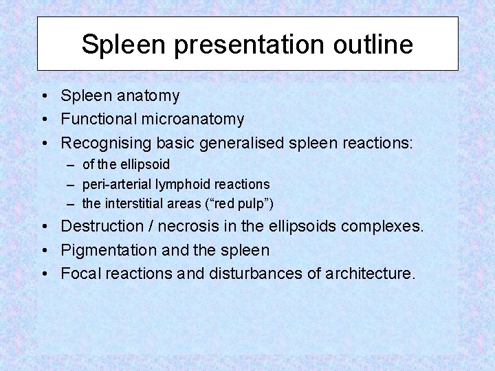 Spleen presentation outline • Spleen anatomy • Functional microanatomy • Recognising basic generalised spleen