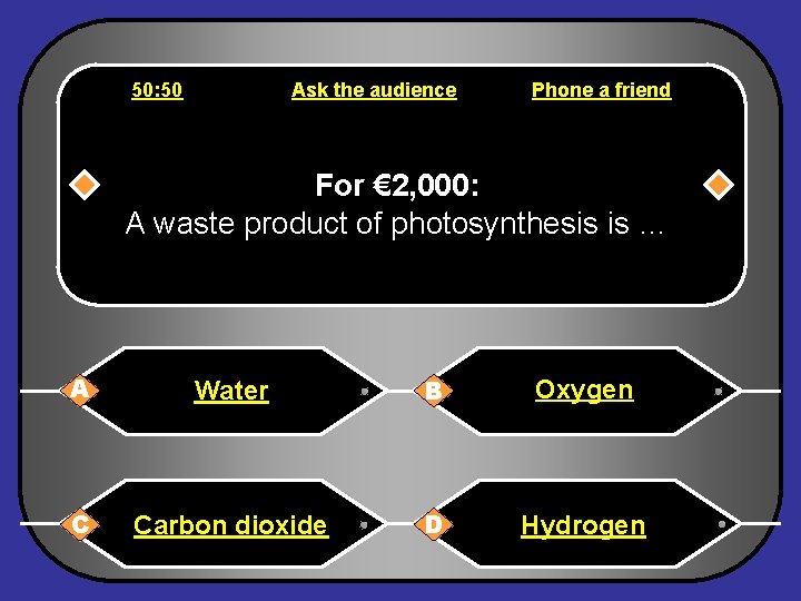 50: 50 Ask the audience Phone a friend For € 2, 000: A waste