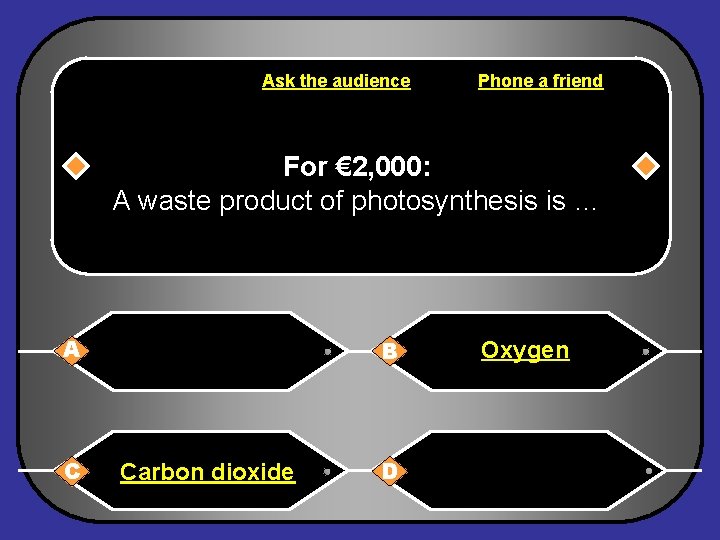 Ask the audience Phone a friend For € 2, 000: A waste product of