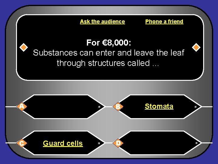 Ask the audience Phone a friend For € 8, 000: Substances can enter and