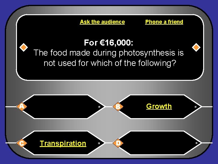 Ask the audience Phone a friend For € 16, 000: The food made during