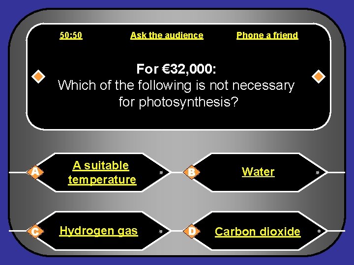 50: 50 Ask the audience Phone a friend For € 32, 000: Which of